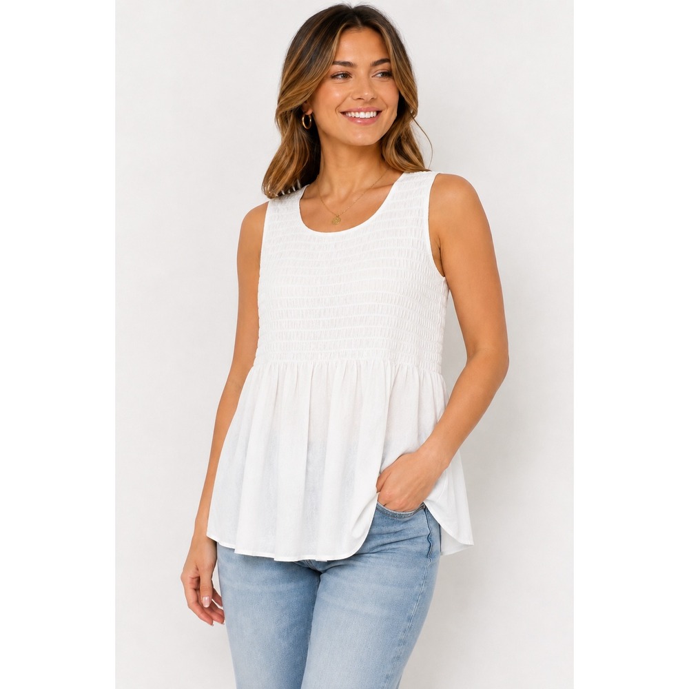 Rose+Olive Women XL White Smocked Sleeveless Peplum Blouse Tank Top Casual Boho